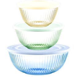 Pyrex Year Of Color Sculpted (3-Pack| 1.3 QT, 2.3 QT, 4.5 QT) Tinted Glass Mixing Bowls Set With Lids For Prepping, Baking and Cooking, Preheated Oven, Dishwasher, Freezer, and Microwave Safe
