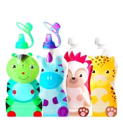 ChooMee Reusable Baby Food Pouch Starter Set, SnakPack | 4 CT, 5 oz | Includes SoftSip Pouch Tops, 2CT, Green Purple 4 Pouch + SoftSip SW
