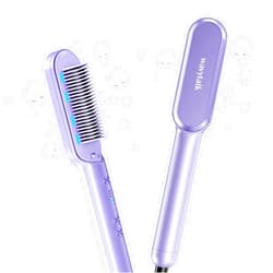 Wavytalk Hair Straightener Brush, Ionic Hair Straightening Brush with 6 Temperature Adjust, Anti-Scald Ceramic Straightening Comb Fast Heating for Home Salon, Dual Voltage, Purple.