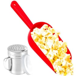 CUSINIUM Red Popcorn Plastic Scoop with Popcorn Salt Shaker (Handle, Plastic Cap) - Popcorn Concession Supplies Bundle