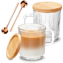 Mfacoy 2 PACK Glass Coffee Mugs with Handle & Spoon, 12 OZ Glass Coffee Cups with Bamboo Lid, Ribbed Glass Cups, Clear Tea Cup for Hot/Cold Beverages, Glassware Set for Americano, Latte, Cappuccino