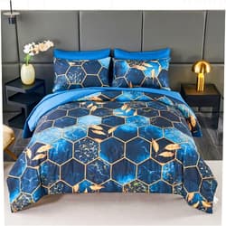 ANGIYUIN 7 Pieces Blue Gold Marble Queen Bedding Sets, 3D Geometric Hexagon Bed Sets Decor Gold Trim Comforter Set Queen, Modern Steel Blue Foil Print Bed Sets with Matched Sheets (Blue Queen)