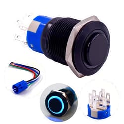URTONE Latching Push Button Switch, URTONE UR198, 2NO2NC DPDT Black Metal Shell with 24V Blue LED Ring for 19mm 3/4