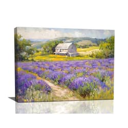 Fuzawet Country Wall Art Vintage Barn Lavender Landscape Pictures Purple Field Canvas Wall Decor Farmhouse Rustic Oil Painting Artwork Decorations Framed for Bedroom Bathroom Living Room Office 16 x 12 inch