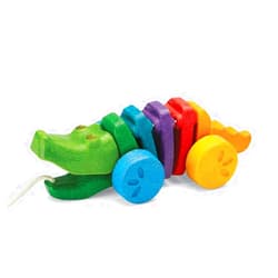 PlanToys® Rainbow Dancing Alligator Pull Toy for Toddlers | Eco-Friendly Wooden Toy with Click-Clack Sound | Walking Toy for Babies