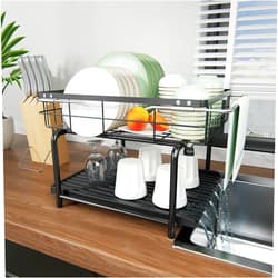 CLESOO Sink Dish Drying Rack - Rust Resistant Metal Dish Rack - Multifunctional Extendable Dish Drying Holder with Draining Mat - Drainer for Kitchen Sinks and Worktops with 4 Ways of Use