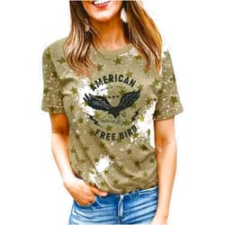 AIMITAG American Free Bird T-Shirt Women Eagle Star Graphic Shirt Retro Letter Print Tee Tops Summer Short Sleeve Shirt