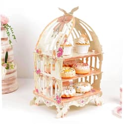 Efavormart.com Efavormart 3 Tier White Peach Birdcage Cardboard Cupcake Stand with Floral Print, Cake Display Dessert Holder - 18
