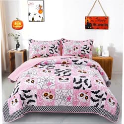 Menghomeus Halloween Quilt Set Queen Pink Cartoon Patchwork Bedspread Skull Bat Festival Themed Bedding Set for Girls 3 Piece Decorative Quilted Set with 2 Pillow Shams