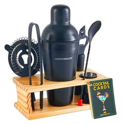 Modern Mixology Mixology Bartender Kit - 8-Piece Black Matte Cocktail Shaker Set with Pine Wood Stand, Recipe Cards, and Bar Accessories Ideas