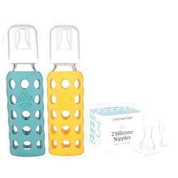 Lifefactory 9oz Glass Baby Bottle 2pk Bundle with 2 Stage 3 Nipples (Kale/Mango)