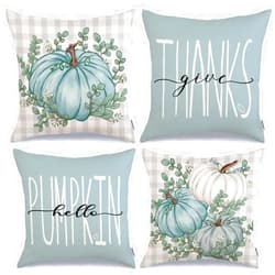 GEEORY Fall Pillow Covers 16 x 16 Inch Set of 4, Buffalo Plaid Hello Pumpkin Give Thanks Eucalyptus Leaves Decorative Throw Cushion Cases Indoor Farmhouse Home Party Decoration for Sofa Couch