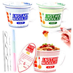 Maxcheck 6 Pcs Japanese Ramen Bowl Set Includes 3 Pcs Instant Noodle Bowl with Lid Microwave Ramen Noodles Cup Holder 3 Pcs Silverware Set Flatware Sets for Home Office College Dorm Room (39 oz)