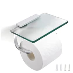 RAIKEDR Toilet Paper Holder Bathroom Paper Toilet Roll Holder Hanger,Toilet Paper Holder with Shelf, Glassed Steel Frosted Silvery Lavatory Tissue Holder with Mobile Phone Storage Rack (Silvery)