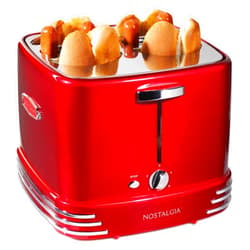 Nostalgia 4 Slot Hot Dog and Bun Toaster with Mini Tongs, Hot Dog Toaster Works with Chicken, Turkey, Veggie Links, Sausages and Brats, Metallic Red