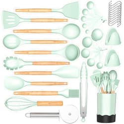 Fungun Silicone Cooking Kitchen Utensil Set, Fungun 35 pcs Kitchen Utensils Tools Wooden Handle Spoons Spatulas Set Cookware Turner Tongs Whisk Kitchen Gadgets with Holder
