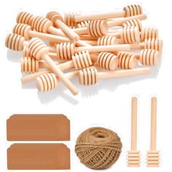 FOCCTS 100pcs Honey Dipper Sticks, 3 inch Wooden Honey Dipper Honey Stirrers Honey Spoon with Natural Jute Twine Kraft Paper Tags for Honey Jar Dispense Drizzle Honey Wedding Party Favors Honey Server