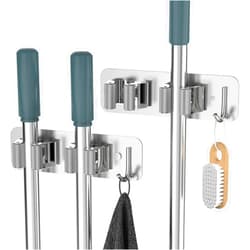 HOMEASY Mop Broom Holder Wall Mounted SUS304 Stainless Steel, Mop Broom Organizer with 2 Installation Methods (No Drilling&Screw Drilling Installation 2 In 1), Mop Hanger Heavy Duty with Hooks, 2PCS