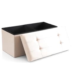 CUYOCA Storage Ottoman Bench Foldable Seat Footrest Shoe Bench End of Bed Storage with Flipping Lid, 75L Storage Space, 30 inches Linen Fabric Beige