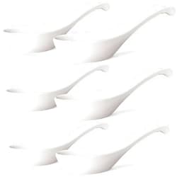 Wareland Asian Soup Spoons Set of 6, Ceramic Chinese Soup Spoons 7 Inch Japanese Spoon for Ramen Pho Dumpling Miso Wonton Noodles | Long Handle Flat Bottom Deep Oval Hook Design | White