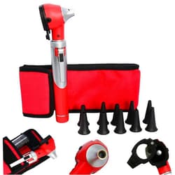 OdontoMed2011 Otoscope - Portable Ear Light and Exam Kit for Home and Professional Use - 3X Magnifying Fiber Optic Scope with Spare Tips, Bulb, and Carrying Case - Pocket Diagnostic Equipment (Red)