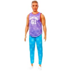 Barbie Ken Fashionistas Doll #165 with Sculpted Brown Hair Wearing Purple “Malibu” Top, Blue Starred Joggers & White Shoes, Toy for Kids 3 to 8 Years Old