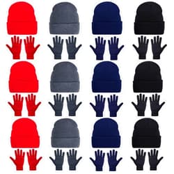 Pistha 24 Pack Beanie Hats and Gloves Set, Knit Skull Caps and Winter Gloves Bulk for Men Women Warm Gift