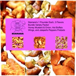 Niamara's Ultimate Pretzel Pieces Variety 4 Pack - 2 Honey Mustard & Onion, 1 Hot Buffalo, 1 Jalapeño Peppers - 4 lbs Total, Crunchy Snack Bites