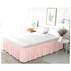 Silver Cotton Pom Pom Tassle Platform Wrap Around Bed Skirt 100% Egyptian Cotton, 1000 Thread Count Easy Fit with 14