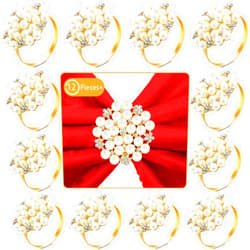 Hotop 12 Pcs Gold Napkin Rings Pearls Flower Napkin Buckles Rhinestone Bling Round Holders for Easter Holiday Wedding Banquet Home Party Dining Table Decoration