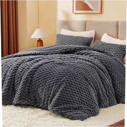 BEDELITE Fluffy King Size Comforter Set - Grey Fleece Soft Comforter for King Size Bed, Luxury Warm Bedding Set for Winter, Fuzzy Bed Set 3 Pieces (1 Comforter, 2 Pillowcases)
