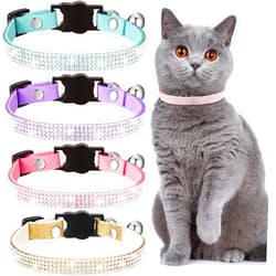 Weewooday 4 Pieces Rhinestones Cat Collars Breakaway Cat Collar with Bell Bling Pet Collars with Soft Velvet, 4 Colors (Purple, Blue, Gold, Pink,S)