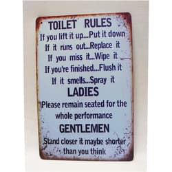 HISIMPLE Warning Metal Sign Plaque ，Toilet Rules Warning Sign ，Pub Tin Sign Metal Plate， Wall Decor for Home Bar Pub Club Man Cave Decorative Plates