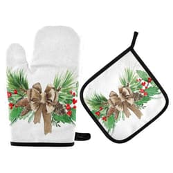 Lhammer Christmas Bow Oven Mitts SetPot Holders Kitchen Oven Glove 2PCS Cooking Baking Mitts Gloves Potholders Heat Resistance Hot Pads for Grilling BBQ Holiday Decor Gift