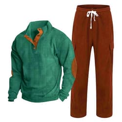 Generic Mens 2 Piece Tracksuit Winter Long Sleeved Corduroy Solid Color Patch Casual Solid polo Sweatshirt and Sweatpant Set