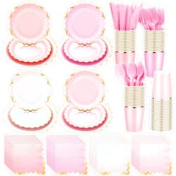Yaomiao 168 Pcs Disposable Dinnerware Set Party Supplies, Scalloped Paper Plates Cups Napkin with Gold Foil Plastic Forks Knives Spoons Serve 24 Guests for Birthday Baby Shower (Pink,Round)