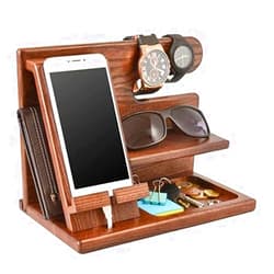 BEAUTYMISC Cell Phone Stand,Wood Phone Docking Station Nightstand Organizer, Key Holder Wallet Watch Stand and Charging Station, Personalized Gifts for Any People Travel Gadgets Birthday