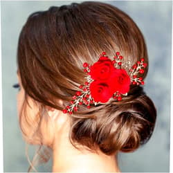 PAGOW Rose Flower Comb 6.1inch Red Hair Clip Bridal Girl Women Accessories Bride Headpiece Gift for Wedding Party Prom Chrismas Valentine's Day Long Thick Haiir