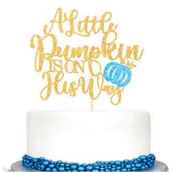 Calarjeta A Little Pumpkin is on His Way Cake Topper - Fall Pumpkin Baby Shower for Boy - Welcome Baby Boy, Pumpkin Baby Shower Party Decorations, Gold and Blue Glitter