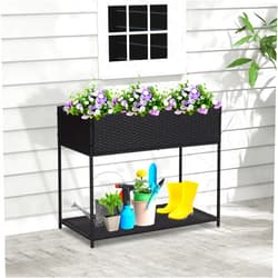 Kinpaw Rattan Raised Garden Bed with Liner- Planter Box with Underneath Tool Storage Rack, Elevated Planting Containers with Legs, Handmade Wicker Plants Pot Holder for Herbs, Vegetables, Flowers