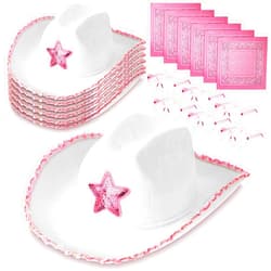 Zhanmai 18 Pieces Cowboy Cowgirl Hat with Heart Sunglasses and Paisley Bandanna Set for Women Teens (Pink Star)(Pink, Star Style)