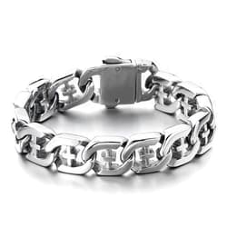COOLSTEELANDBEYOND Men's Stainless Steel Curb Chain Bracelet with Cross Silver Color High Polished