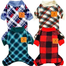 XPUDAC 4 Pack Dog Pajamas for Small Dogs Cats Plaid Dog Clothes Puppy Onesies Dog Christmas Pajamas Puppy Jumpsuits Pet Pjs Shirt Apparel (Medium(7-11 LBS), Red Green Beige Grey