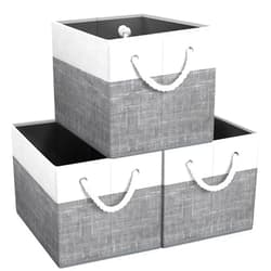 Fab totes Storage Bins [3-Pack], Foldable Storage Baskets for Organizing Toys, Books, Shelves, Closet, Large Storage Box with Rope Handles, Sturdy Organizer Bins, White & Grey
