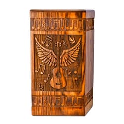 INTAJ Handcrafted Wooden Cremation Urn for Human Ashes - Guitar Wings of Angel with Musical Notes, 250lbs Capacity - Suitable for Burial for Men, Women, Mom, Dad - Decorative Funeral Urn Box and Casket