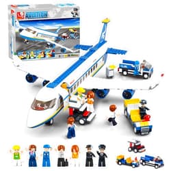 Sluban City Passenger Airplane Building Set for Boys 6+ 8+ 12+, City Plane Airport Playset with a Large Aircraft, Passenger Bus, Luggage Truck, Container Loader, 7 Minifigures, Compatible with Lego City