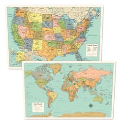 Palace Learning 2 Pack - World Map Poster & USA Map Chart [Tan/Color] (LAMINATED, 18” x 29”)