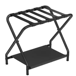 HOOBRO Luggage Rack, Folding Suitcase Stand with Fabric Storage Shelf for Guest Room, Bedroom, Hotel, Holds up to 100 lb, 27 x 15.3 x 22 Inches, Space Saving, Black BK04XL01