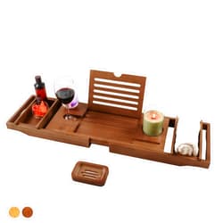 XcE Bathtub Caddy Tray Expandable to 105cm with Bamboo Book Stand and Soap Tray, Brown