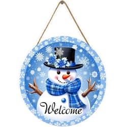 BMOWLLYSG Welcome Winter Snowman Blue Front Door Sign, Wooden Door Hanging Outdoor Porch Decor, Snowflake Christmas Holiday Wooden Wreath Indoor Wall Decor 12x12 inch